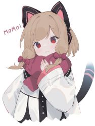 Rule 34 | 1girl, :3, animal ear headphones, animal ears, blue archive, blush, bow, cat ear headphones, character name, eip (pepai), fake animal ears, hair bow, hand on own chest, headphones, highres, jacket, light brown hair, long sleeves, medium hair, momoi (blue archive), red bow, red eyes, red scarf, scarf, simple background, solo, tail, upper body, white background, white jacket, wide sleeves