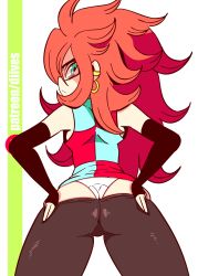 Rule 34 | 10s, 1girl, android 21, animated, animated gif, artist name, ass, bare shoulders, black-framed eyewear, black gloves, black pants, blue eyes, blush, cameltoe, clothes pull, diives, dragon ball, dragon ball super, earrings, elbow gloves, female focus, fingerless gloves, from behind, glasses, gloves, half-closed eyes, highres, jewelry, legs apart, long hair, looking at viewer, looking back, multicolored shirt, open mouth, panties, pants, pants pull, patreon logo, patreon username, red hair, shirt, simple background, sleeveless, sleeveless shirt, solo, standing, tattoo, text focus, underwear, watermark, web address, white background, white panties
