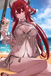 Rule 34 | 1girl, arknights, bare legs, bare shoulders, bikini, bikini under clothes, black bikini, black choker, black ribbon, blitzkrieg (index unknown), blue sky, blush, bracelet, breasts, burnt clothes, choker, cleavage, closed mouth, collarbone, cup, day, detached sleeves, feet out of frame, food, hair ornament, hair rings, highres, holding, holding cup, horns, ice cream, jewelry, large breasts, long hair, long sleeves, looking at viewer, navel, ocean, on ground, outdoors, purple eyes, red hair, ribbon, side-tie bikini bottom, sitting, sky, smile, solo, star (symbol), star hair ornament, stomach, sundae, surtr (arknights), swimsuit, swimsuit cover-up, very long hair, water