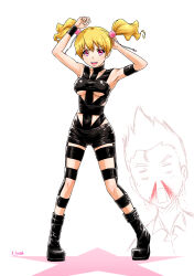 Rule 34 | 1boy, 1girl, absurdres, armband, arms up, artist name, black bodysuit, black footwear, blonde hair, blood, bodysuit, boots, breasts, chinen daisuke, commentary request, fresh precure!, full body, hair ornament, hair scrunchie, highres, hot limit, leather, looking at viewer, medium breasts, momozono love, nosebleed, open mouth, pink eyes, pink scrunchie, precure, revealing clothes, satou yasu, scrunchie, short hair, signature, simple background, sleeveless, sleeveless bodysuit, smile, standing, star (symbol), twintails, underboob, white background, wristband