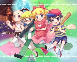Rule 34 | 1girl, 3boys, :d, baseball bat, baseball cap, black footwear, black hair, blonde hair, blue eyes, blue shirt, blue shorts, blush, bow, closed mouth, commentary request, crystal, dougi, dress, full body, glasses, grass, green eyes, green jacket, green pants, hair bow, hat, holding, holding baseball bat, jacket, jeff andonuts, looking at viewer, mother (game), mother 2, multiple boys, ness (mother 2), nintendo, open mouth, pants, paula (mother 2), pink dress, poo (mother 2), rectangular eyewear, red bow, red footwear, red headwear, semi-rimless eyewear, shirt, short hair, shorts, smile, socks, striped clothes, striped shirt, stuffed animal, stuffed toy, teddy bear, under-rim eyewear, volcano, white legwear, white pants, xox xxxxxx, yellow shirt