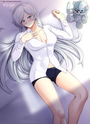 Rule 34 | 1girl, absurdres, artist name, bed, blue eyes, blush, breasts, cleavage, collarbone, highres, long hair, looking at viewer, lying, medium breasts, midriff peek, on back, rwby, scar, seductive smile, shirt, shorts, smile, solo, stuffed animal, stuffed toy, teddy bear, unbuttoned, vilde loh hocen, watermark, web address, weiss schnee, white hair, white shirt