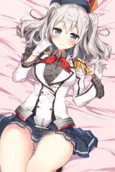 Rule 34 | 10s, 1girl, ascot, blue eyes, breasts, buttons, epaulettes, female focus, frilled sleeves, frills, gloves, grey hair, hat, highres, jacket, kantai collection, kashima (kancolle), large breasts, long hair, looking at viewer, lying, masuishi kinoto, military, military uniform, miniskirt, on back, panties, pantyshot, pleated skirt, shima (shima je), sidelocks, skirt, smile, solo, tareme, thigh gap, thighs, twintails, unbuttoned, underwear, uniform, wavy hair