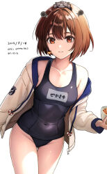 Rule 34 | 1girl, bare legs, black one-piece swimsuit, breasts, brown eyes, brown hair, closed mouth, collarbone, cowboy shot, gluteal fold, groin, hanako (peanut), highres, holding, jacket, kantai collection, name tag, official alternate costume, one-piece swimsuit, open clothes, open jacket, school swimsuit, short hair, simple background, small breasts, smile, solo, swimsuit, white background, white jacket, yukikaze (kancolle)