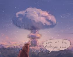 Rule 34 | 1girl, apple (eds), blue sky, borrowed character, commentary, english commentary, english text, long sleeves, mushroom cloud, nuclear weapon, nuclear weapon, original, pointing, popopoka, pov, pov hands, sky, solo, star (sky), starry sky, weapon of mass destruction