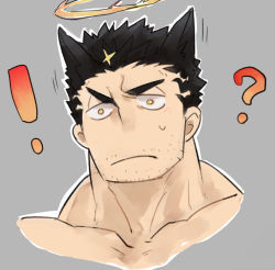 !? 1boy animal_ears bad_id bad_pixiv_id bara black_hair blush cat_ears collarbone cropped_shoulders facial_hair fake_animal_ears hair_ears halo male_focus mature_male muscular muscular_male po_fu raised_eyebrows short_hair solo stubble surprised tokyo_houkago_summoners zabaniyya_(housamo)