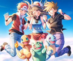 Rule 34 | 1girl, 2boys, blue oak, blue shirt, blush, brown hair, bulbasaur, charmander, closed eyes, collared shirt, commentary request, creatures (company), day, falling, floating hair, game freak, gen 1 pokemon, glint, grin, hat, highres, holding hands, jacket, jewelry, leaf (pokemon), multiple boys, necklace, nintendo, one eye closed, outdoors, pants, pokemon, pokemon (creature), pokemon frlg, popped collar, purple pants, red (pokemon), red headwear, red jacket, red skirt, scbstella, shirt, shoes, short hair, skirt, sleeveless, sleeveless jacket, sleeveless shirt, smile, squirtle, starter pokemon trio, teeth, white headwear, wristband