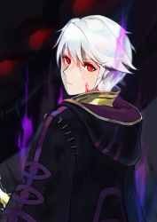Rule 34 | 1boy, absurdres, bad id, bad pixiv id, black coat, blood, blood on face, closed mouth, coat, fire emblem, fire emblem awakening, from behind, hair between eyes, highres, hood, hood down, hooded coat, looking at viewer, looking back, male focus, nintendo, red eyes, robin (fire emblem), robin (male) (fire emblem), samuzora, silver hair, slit pupils, solo, standing