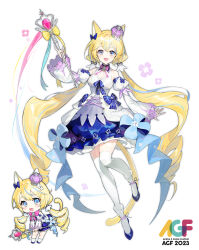 Rule 34 | 1girl, :d, absurdres, animal ears, blonde hair, blue footwear, blush, bow, breasts, chibi, crown, detached sleeves, dress, drill hair, full body, hair bow, highres, holding, holding wand, juliet sleeves, long hair, long sleeves, looking at viewer, medium breasts, mini crown, multiple views, open mouth, original, puffy sleeves, simple background, smile, soyoong jun, thighhighs, twintails, very long hair, wand, white background, white thighhighs
