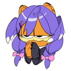 Rule 34 | :3, asymmetrical arms, black eyes, black sweater, bow, braid, commentary, cosplay, english commentary, fang, garfield, garfield (character), hair bow, hair ornament, hairclip, head wings, looking to the side, moist owlette, nijisanji, nijisanji en, own hands together, pink bow, portrait, selen tatsuki, selen tatsuki (cosplay), sweater, twin braids, virtual youtuber, wings