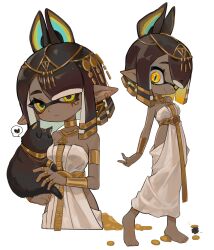 Rule 34 | 1girl, absurdres, animal, animal ears, arm at side, armlet, bare shoulders, barefoot, black hair, blunt bangs, blush, bracer, breasts, cat, cat ears, cat girl, closed eyes, closed mouth, dark-skinned female, dark skin, dress, earrings, egyptian clothes, eyes visible through hair, feet, female focus, full body, gold, hair over one eye, happy, headpiece, heart, highres, hip vent, holding, holding animal, inkling, inkling girl, inkling player character, jewelry, kumo (kumo hsc0216), looking at viewer, multiple earrings, multiple rings, multiple views, neck ring, nintendo, no mouth, orange eyes, pointy ears, ring, short hair, sidelocks, simple background, slit pupils, small breasts, smile, speech bubble, splatoon (series), spoken heart, standing, strapless, strapless dress, u u, upper body, white background, white dress, wide-eyed