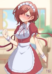 1girl apron arm_at_side blurry blurry_background blush brown_hair clenched_hands dress hair_ornament hairclip hibun_tsukasa highres higuchi_madoka idolmaster idolmaster_shiny_colors looking_at_viewer maid_headdress mole mole_under_eye puffy_short_sleeves puffy_sleeves red_dress red_eyes red_ribbon ribbon short_hair short_sleeves smile solo white_apron wrist_cuffs