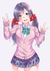 Rule 34 | 10s, 1girl, absurdres, bow, breasts, cowboy shot, green eyes, grey background, hair bow, hair ribbon, highres, large breasts, long hair, long sleeves, looking at viewer, love live!, love live! school idol project, nico nico nii, open mouth, pleated skirt, purple hair, red bow, ribbon, school uniform, simple background, skirt, smile, sokosokomichi, solo, teeth, thighs, tongue, tojo nozomi, twintails, upper teeth only