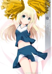 Rule 34 | 1girl, alternate breast size, arms up, artist name, atago (kancolle), blonde hair, blue buruma, breasts, buruma, buruma under skirt, character name, cheerleader, commentary request, cowboy shot, green eyes, highres, holding, holding pom poms, inaba shiki, kantai collection, long hair, looking at viewer, lying, midriff, pom pom (cheerleading), pom poms, shirt, sleeveless, sleeveless shirt, small breasts, solo