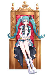 Rule 34 | 1girl, absurdres, aqua eyes, aqua hair, boots, buttons, checkered clothes, closed mouth, commentary, double-breasted, dress, full body, hands on lap, hatsune miku, highres, itogari, long hair, looking at viewer, more more jump! miku, official alternate costume, one eye closed, project sekai, short sleeves, showgirl skirt, simple background, sitting, smile, solo, split mouth, straight-on, throne, vocaloid, white background, white dress, white footwear