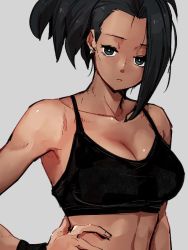 Rule 34 | 1girl, black eyes, black hair, black sports bra, black tank top, breasts, cleavage, closed mouth, collarbone, dragon ball, dragon ball super, grey background, hand on own hip, kale (dragon ball), kemachiku, large breasts, looking at viewer, ponytail, short hair, simple background, solo, sports bra, tank top, upper body