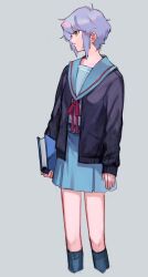 Rule 34 | 1girl, absurdres, belt, black cardigan, blue belt, blue sailor collar, blue skirt, book, cardigan, commentary request, expressionless, feet out of frame, grey hair, highres, holding, holding book, kita high school uniform, long sleeves, moon8 8sun, nagato yuki, open cardigan, open clothes, purple hair, red ribbon, ribbon, sailor collar, school uniform, serafuku, short hair, simple background, skirt, solo, standing, suzumiya haruhi no yuuutsu, winter uniform, yellow eyes