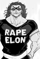 1boy elon_musk english_text grappler_baki hair_slicked_back hands_in_pockets hanma_yujiro highres male_focus monochrome muscular muscular_male out_de shirt solo sunglasses t-shirt