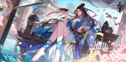 Rule 34 | 1girl, absurdres, architecture, barefoot, breasts, brown hair, character request, chinese clothes, copyright name, crossed legs, cup, day, east asian architecture, flower, gourd, highres, holding, holding cup, jewelry, large breasts, logo, long hair, medium breasts, necklace, official art, purple eyes, second-party source, sitting, soaking feet, solo, tassel, water, yuan zun