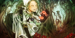 Rule 34 | 1girl, animal, armor, day, flower, forest, greaves, green hair, highres, holding, holding animal, hood, jalmaine (pixiv fantasia age of starlight), leaning forward, mask, nature, outdoors, pixiv fantasia, pixiv fantasia age of starlight, red flower, standing, suzunana0730, tree, white headwear, wide sleeves