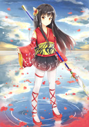 Rule 34 | 10s, 1girl, ange vierge, ankle lace-up, bad id, bad pixiv id, black hair, cloud, cross-laced footwear, detached sleeves, full body, highres, japanese clothes, kimono, long hair, looking at viewer, obi, orange eyes, original, outdoors, petals, pleated skirt, polearm, sash, skirt, sky, solo, spear, standing, standing on liquid, tailam, traditional clothes, water, weapon, white legwear, yukata