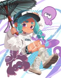Rule 34 | 1girl, abstract background, absurdres, blue hair, boots, closed mouth, commentary, commission, cross-laced footwear, english commentary, highres, holding, holding umbrella, holding weapon, long hair, looking at viewer, multicolored background, nintendo, octoling, octoling girl, octoling player character, ppuna, print sweater, purple eyes, recycled brella 24 (splatoon), sample watermark, sleeves past wrists, smile, solo, splatoon (series), splatoon 3, sweater, tentacle hair, thick eyebrows, umbrella, visor cap, watermark, weapon, white footwear, white sweater