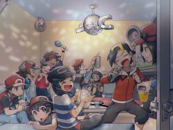 Rule 34 | 6+boys, :d, arm up, backwards hat, baseball cap, beanie, black hair, black headwear, blue jacket, brendan (pokemon), brown hair, calem (pokemon), closed eyes, commentary request, couch, creatures (company), cup, disco ball, door, drinking, drinking straw, elio (pokemon), ethan (pokemon), eyewear on headwear, game freak, gen 1 pokemon, gen 2 pokemon, glass, green footwear, grey headwear, half-closed eyes, hat, hilbert (pokemon), holding, holding cup, holding instrument, holding microphone, igglybuff, indoors, instrument, jacket, karaoke, liquid, long sleeves, lucas (pokemon), magnemite, maracas, microphone, multiple boys, music, nagi (exsit00), nate (pokemon), nintendo, open mouth, pants, parted lips, phone, playing instrument, pokemon, pokemon (creature), pokemon bw, pokemon bw2, pokemon dppt, pokemon frlg, pokemon hgss, pokemon oras, pokemon sm, pokemon swsh, pokemon usum, pokemon xy, red (pokemon), red headwear, red jacket, red shirt, shirt, shoes, short sleeves, singing, sitting, smile, striped clothes, striped shirt, sweatdrop, t-shirt, table, tambourine, teeth, television, themed object, tongue, upper teeth only, victor (pokemon), visor cap, walk-in, wristband