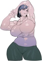 Rule 34 | 1girl, armpits, arms behind head, arms up, black hair, breasts, camisole, cleavage, collarbone, cowboy shot, curvy, elf-san wa yaserarenai., fang, highres, horns, huge breasts, interlocked fingers, large breasts, long eyelashes, looking at viewer, muscular, muscular female, oga (elf-san wa yaserarenai.), oni, oni horns, own hands together, plump, pointy ears, red eyes, shirt, short hair, short ponytail, simple background, sleeveless, sleeveless shirt, smile, solo, spaghetti strap, swept bangs, synecdoche, tank top, thick thighs, thighs, toned, white background, wide hips