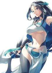 Rule 34 | 1girl, bare shoulders, black hair, blue eyes, breasts, full body, highres, large breasts, loincloth, long hair, looking at viewer, midriff, minami seira, navel, official art, polearm, revealing clothes, sadeena, sarashi, solo, standing, stomach, tate no yuusha no nariagari, thighs, transparent background, trident, underboob, weapon