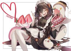 Rule 34 | 1girl, birthday cake, boo tao (genshin impact), brown hair, cake, food, fruit, genshin impact, highres, hu tao (genshin impact), maid, maid headdress, one eye closed, open clothes, paya (aejx2345), red eyes, smile, strawberry, symbol-shaped pupils, thighhighs, wide sleeves
