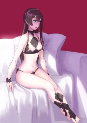 Rule 34 | 10s, 1girl, arm support, barefoot, barefoot sandals (jewelry), bed sheet, black bra, black hair, black panties, bra, breasts, couch, cupless bra, feet, green eyes, hairband, highres, kantai collection, lingerie, long hair, navel, nipples, no eyewear, ooyodo (kancolle), panties, parted lips, pillow, sitting, small breasts, solo, thighs, underwear, underwear only, wrist cuffs, yuuji (and)