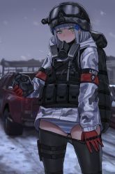 Rule 34 | 1girl, absurdres, backpack, bag, black pantyhose, blunt bangs, blush, camouflage, camouflage jacket, facial mark, gas mask, girls&#039; frontline, gloves, green eyes, hair ornament, helmet, highres, hk416 (fang) (girls&#039; frontline), hk416 (girls&#039; frontline), holding, jacket, kuro (zhurunbo1997), last man battalion, long hair, long sleeves, looking at viewer, mask, military, military uniform, motor vehicle, outdoors, panties, panty pull, pantyhose, pulled by self, red gloves, silver hair, snow, snowing, striped clothes, striped panties, sweat, teardrop, thigh strap, tom clancy&#039;s the division, underwear, uniform, vest, winter uniform