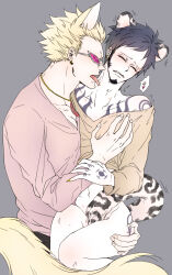 Rule 34 | 2boys, absurdres, animal ears, ass, ass grab, ass tattoo, black hair, blonde hair, blush, bottomless, cheese neko3, chest tattoo, closed eyes, donquixote doflamingo, earrings, facial hair, goatee, hand tattoo, height difference, hickey, highres, jewelry, legs, leopard boy, leopard ears, leopard tail, licking another&#039;s neck, male focus, multiple boys, muscular, muscular male, navel, one piece, shirt, short hair, shoulder tattoo, sunglasses, tail, tattoo, thighs, tongue, tongue out, trafalgar law, yaoi, yellow nails