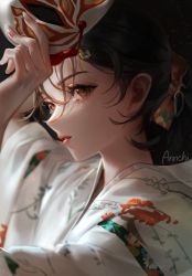 Rule 34 | 1girl, artist name, brown eyes, brown hair, face, floral print, fox mask, japanese clothes, kimono, mask, mocca (mocca nine), original, parted lips, removing mask, solo, yukata