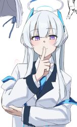 Rule 34 | 1girl, blue archive, blue necktie, flame tsukushi, halo, long hair, looking at viewer, mechanical ears, necktie, purple eyes, shirt, simple background, white background, white hair, white shirt