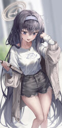 Rule 34 | 1girl, absurdres, bare legs, black hair, blue archive, blue hairband, blush, book, cardigan, casual, collarbone, commentary, cutoffs, denim, denim shorts, flying sweatdrops, grey cardigan, hair between eyes, hairband, halo, highres, holding, holding book, jewelry, long hair, open mouth, purple eyes, shirt, shorts, solo, symbol-only commentary, tem, thighs, torn clothes, torn shorts, ui (blue archive), very long hair
