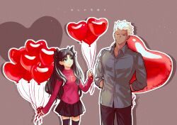 Rule 34 | 1boy, 1girl, alternate costume, archer (fate), arm at side, arms behind back, balloon, black hair, black pants, black skirt, black thighhighs, blue eyes, bright pupils, brown background, casual, closed mouth, collared shirt, commentary, couple, cowboy shot, cross print, dark-skinned male, dark skin, dress shirt, drop shadow, fate/stay night, fate (series), grey eyes, grey shirt, hair slicked back, hand up, heart balloon, hetero, highres, holding, holding balloon, long hair, long sleeves, looking at another, miniskirt, one eye closed, pants, parted bangs, pleated skirt, print sweater, red sweater, shirt, short hair, simple background, skirt, sleeves past wrists, smile, split mouth, straight hair, suginamayuge, sweater, thighhighs, tohsaka rin, turtleneck, turtleneck sweater, two side up, v-shaped eyebrows, white hair, white pupils, zettai ryouiki