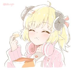 Rule 34 | 1girl, :t, ^ ^, ahoge, aran sweater, blonde hair, blush, cable knit, chewing, chips (food), closed eyes, commentary, eating, english commentary, food, hair ornament, hair ribbon, hairclip, headphones, headphones around neck, hololive, kukie-nyan, long sleeves, potato chips, ribbon, short hair, side ponytail, simple background, solo, sweater, swept bangs, tsunomaki watame, tsunomaki watame (street casual), twitter username, upper body, virtual youtuber, white background, white sweater