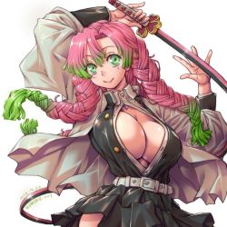 Rule 34 | 1girl, amania orz, arms up, belt, black skirt, blush, braid, breasts, cleavage, coat, dated, gradient hair, green eyes, green hair, haori, japanese clothes, kanroji mitsuri, kimetsu no yaiba, large breasts, long hair, long sleeves, looking at viewer, miniskirt, mole, mole under eye, multicolored hair, no bra, partially unbuttoned, pink hair, pleated skirt, simple background, skirt, smile, solo, sword, thighs, tri braids, two-tone hair, uniform, weapon, white background, wide sleeves