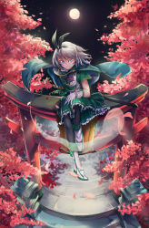 Rule 34 | 1girl, absurdres, black pantyhose, blue eyes, bow, bowtie, cherry blossoms, dress shirt, embellished costume, flower, forest, full body, full moon, ghost, gloves, green background, green skirt, green vest, hair bow, hairband, highres, hitodama, katana, konpaku youmu, konpaku youmu (ghost), loafers, looking at viewer, moon, nature, pantyhose, petals, pg (pgouwoderen), ribbon, ringed eyes, scabbard, sheath, sheathed, shirt, shoes, short hair, short sleeves, silver hair, simple background, skirt, solo, stone lantern, sword, tassel, torii, touhou, tree, tsurime, vest, weapon, white gloves, white shirt