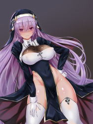 Rule 34 | 1girl, animal ears, bare hips, breasts, cleavage, cleavage cutout, clothing cutout, collar, covered erect nipples, cow ears, cow girl, cow horns, habu rin, hand on own hip, headdress, highres, horns, long hair, looking at viewer, navel, no panties, nun, original, pelvic curtain, puffy sleeves, purple eyes, purple hair, see-through, shiny clothes, side slit, skindentation, thighhighs, thighs, very long hair, white thighhighs