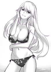 Rule 34 | 10s, 1girl, bikini, breasts, cleavage, din (raiden), greyscale, iowa (kancolle), kantai collection, large breasts, long hair, monochrome, solo, standing, star (symbol), star print, swimsuit