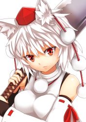 Rule 34 | 1girl, animal ears, bad id, bad pixiv id, blush, breasts, detached sleeves, hat, highres, inubashiri momiji, large breasts, looking at viewer, nosuku, red eyes, short hair, solo, sword, tokin hat, touhou, upper body, weapon, white hair, wolf ears