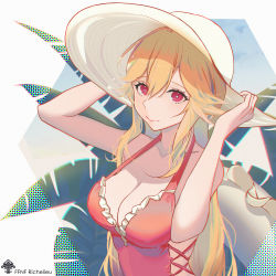 Rule 34 | 1girl, azur lane, bare shoulders, blonde hair, breasts, bright pupils, chinese commentary, cleavage, closed mouth, collarbone, commentary request, cross-laced clothes, cross-laced one-piece swimsuit, hair between eyes, hat, highres, huangmao, innertube, long hair, looking at viewer, one-piece swimsuit, red eyes, red one-piece swimsuit, richelieu (azur lane), richelieu (fleuron of the waves) (azur lane), sidelocks, solo, sun hat, swim ring, swimsuit, upper body, white pupils