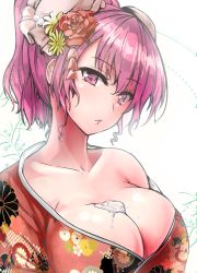 Rule 34 | 1girl, alternate costume, alternate hairstyle, between breasts, blush, breasts, bun cover, bust cup, cleavage, collarbone, double bun, earrings, floral print, flower, from side, hair bun, hair flower, hair ornament, ibaraki kasen, japanese clothes, jewelry, kimono, large breasts, looking at viewer, looking to the side, off shoulder, pink eyes, pink hair, ponytail, revision, sidelocks, solo, touhou, upper body, y2