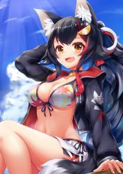 Rule 34 | 1girl, absurdres, aka tomato, animal ear fluff, animal ears, bikini, bikini under clothes, black choker, black hair, black jacket, breasts, choker, day, fang, front-tie bikini top, front-tie top, hair ornament, hairclip, highres, hololive, jacket, light rays, long hair, long sleeves, looking at viewer, medium breasts, multicolored hair, navel, ookami mio, ookami mio (hololive summer 2019), open clothes, open jacket, open mouth, outdoors, red hair, side-tie bikini bottom, sitting, sky, smile, solo, streaked hair, swimsuit, tail, virtual youtuber, wolf ears, wolf girl, wolf tail, yellow eyes, zipper