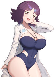 Rule 34 | 1girl, :d, blue one-piece swimsuit, blush, breasts, brown eyes, cleavage, collarbone, commentary request, covered navel, creatures (company), game freak, gonzarez, highres, lab coat, large breasts, looking at viewer, nintendo, one-piece swimsuit, open mouth, philena ivy, pokemon, pokemon (anime), pokemon (classic anime), purple hair, short hair, simple background, smile, solo, swimsuit, thighs, white background