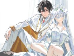 1boy 1girl 86_-eightysix- bare_shoulders black_hair blue_eyes breasts closed_mouth collarbone detached_sleeves dress flower formal hair_between_eyes hair_ornament hand_on_own_knee highres long_hair long_sleeves looking_at_viewer qian_chen red_eyes shinei_nouzen shirt short_hair sitting smile very_long_hair vladilena_millize white_dress white_hair white_shirt