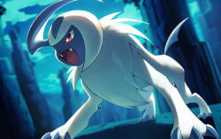 Rule 34 | absol, bright pupils, claws, cloud, commentary request, creatures (company), fangs, game freak, gen 3 pokemon, naoki eguchi, night, nintendo, no humans, open mouth, outdoors, pokemon, pokemon (creature), red eyes, sky, solo, tongue, white fur, white pupils