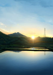 Rule 34 | absurdres, grass, highres, mitsukasa, mountain, no humans, original, outdoors, power lines, reflection, rice paddy, scenery, sunlight, sunrise, water